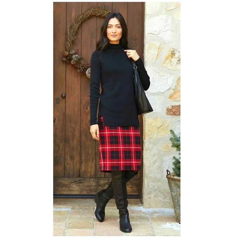 NWOT J. Jill Perfect Red Multi Plaid Knit Pencil Skirt Size L